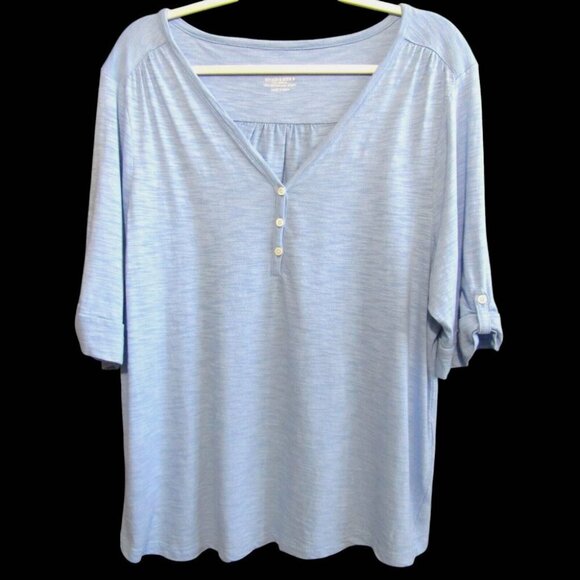Chicos Ultimate Tee Blue Henley Womens Size XL 3 Short Sleeve Heathered Buttons - Picture 1 of 7